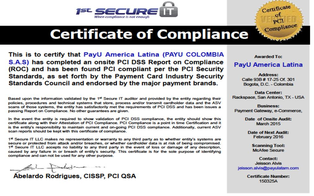 Certificado PCI Compliance